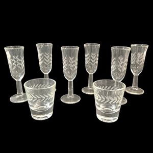 Vintage Stemmed Brandy Crystal Etched Glasses/Shot Javits Rain Pattern 60s Set/8